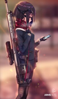 1girl arms_note black_gloves brown_hair bullpup cellphone copyright_name female_focus fingerless_gloves fukai_ryosuke gloves gun highres long_hair long_range_joshikousei_(fukai_ryousuke) original pantyhose phone pleated_skirt rifle scarf skirt smartphone sniper sniper_rifle solo weapon