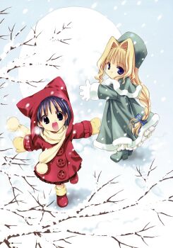 2000s_(style) 2girls :d absurdres animal_ears animal_hat ankle_boots aqua_bow aqua_eyes artbook bare_tree beanie blonde_hair blue_eyes blue_hair bobby_socks boots bow braid braided_ponytail branch breath buttons capelet cat_ears cat_hat chibi chibi_only closed_mouth coat colored_sclera dark_blue_hair dress earflap_beanie english_text expressionless footprints from_above full_moon fur-trimmed_capelet fur-trimmed_dress fur_hat fur_sleeve_cuffs fur_trim gloves green_capelet green_dress green_hat green_sleeves hair_bow hair_intakes hat hat_with_ears highres kishou_seireiki large_buttons long_braid long_hair long_sleeves looking_at_viewer low-braided_long_hair low-tied_long_hair low_ponytail medium_hair medium_skirt mirii_oreano_yakumo mittens moon multiple_girls nanase_aoi official_art open_hand open_mouth outdoors outstretched_arms page_number papakha petticoat pleated_skirt pom_pom_(clothes) ponytail red_coat red_footwear red_skirt red_sleeves running running_towards_viewer scan scarf seven_colors_of_the_wind shadow skirt smile snow snow_boots snow_on_tree snowflakes snowing socks third-party_source tree very_long_hair white_background white_fur white_gloves winter winter_clothes yellow_mittens yellow_sclera yumemi_naiad_suhichimi_ugaia