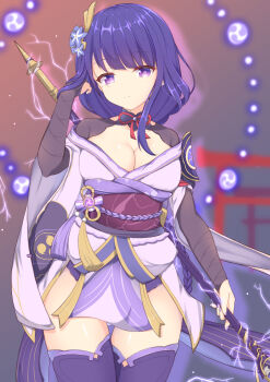 1girl absurdres braid breasts chataring_mai cleavage closed_mouth commentary_request cowboy_shot genshin_impact hair_ornament hand_in_own_hair highres holding holding_polearm holding_weapon japanese_clothes kimono long_hair looking_at_viewer low-braided_long_hair low-tied_long_hair medium_breasts multiple_torii polearm purple_eyes purple_hair purple_kimono purple_shrug purple_thighhighs raiden_shogun red_sash sash short_kimono shrug_(clothing) solo thighhighs torii weapon