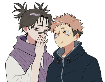 2boys bandaid bandaid_on_face bandaid_on_nose black_eyes black_hair black_jacket brown_hair choso_(jujutsu_kaisen) closed_mouth commentary_request hand_up itadori_yuuji jacket jujutsu_kaisen long_sleeves looking_at_another male_focus multiple_boys okayu_(okayuyuyu2) purple_scarf scarf shirt short_hair simple_background upper_body white_background white_shirt wide_sleeves wispy_bangs yellow_eyes