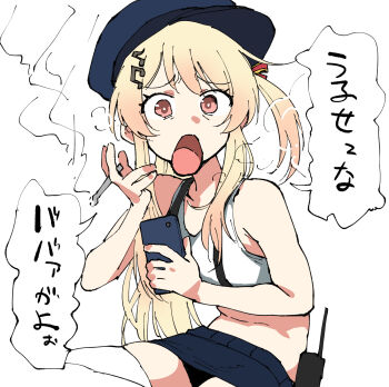 Rule 34 | 1girl, bent back, blonde hair, blue skirt, cigarette, feet out of frame, fortissimo, furrowed brow, hair ornament, hand up, hat, henriiku (ahemaru), highres, holding, holding cigarette, hololive, hololive dev is, hololive grand theft auto, looking at viewer, looking to the side, microskirt, midriff, musical note, musical note hair ornament, one side up, open mouth, otonose kanade, peaked cap, pink eyes, sitting, skirt, smoking, solo, speech bubble, tank top, thighhighs, translation request, virtual youtuber, walkie-talkie, white tank top, white thighhighs