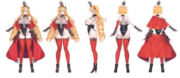 1girl absurdres ass bare_shoulders black_boots blue_eyes boots breasts capelet commentary_request crown drill_hair full_body gold_trim highleg highleg_leotard highres large_breasts leotard long_hair looking_at_viewer multiple_views original red_capelet red_thighhighs reference_sheet second-party_source sideboob thighhighs turnaround twin_drills very_long_hair yoshiku_(oden-usagi)