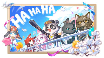 Rule 34 | 1other, 2boys, 2girls, animalization, balloon, baseball bat, blue eyes, bright pupils, character balloon, closed mouth, cloud, commentary, confetti, dan heng (honkai: star rail), emoji, english commentary, fang, flower, galactic baseballer (honkai: star rail), highres, himeko (honkai: star rail), holding, holding baseball bat, honkai: star rail, honkai (series), logo, march 7th (honkai: star rail), multicolored eyes, multiple boys, multiple girls, official art, on railing, open mouth, pink eyes, pom-pom (honkai: star rail), promotional art, raccoon, railing, sky, two-tone eyes, welt yang, white flower, white pupils