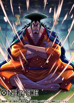 Rule 34 | 1boy, black hair, commentary request, copyright name, crossed arms, facial hair, full body, goatee, haori on shoulders, indian style, indoors, japanese clothes, kimono, kouzuki oden, leg hair, long hair, male focus, nagare seiya, official art, one piece, one piece card game, open mouth, orange kimono, sash, sideburns, sitting, solo, v-shaped eyebrows