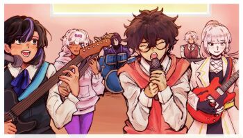 Rule 34 | 2boys, 4girls, albina (project moon), alternate universe, araya (project moon), ascot, band (music), black dress, black eyes, black gloves, black hair, black vest, blue ascot, blue robe, blue streaks, bow, closed eyes, coat, collared shirt, dress, drum, drum set, fingerless gloves, fishnet top, fishnets, gloves, guitar, hair bow, hair over one eye, heterochromia, highres, hood, hoodie, instrument, jacket, keyboard (instrument), kira (project moon), krauuu003, limbus company, long hair, lucio (project moon), messy hair, microphone, multiple boys, multiple girls, necktie, one eye closed, ponytail, project moon, purple bow, purple eyes, red jacket, red vest, ren (project moon), robe, school uniform, shirt, short hair, sora (project moon), vest, white coat, white hair, white hoodie, white shirt