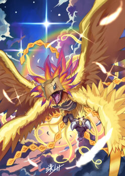 beak bird cloud digimon digimon_(creature) feathers glint highres hououmon kou_(kou_glass_seed) long_hair midair no_humans phoenix red_hair talons yellow_feathers yellow_wings