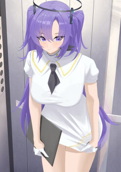 Rule 34 | 1girl, :|, azashiro kp, black necktie, blue archive, blush, breasts, closed mouth, commentary, dress, dress tug, gloves, half gloves, halo, highres, large breasts, long hair, looking at viewer, necktie, official alternate costume, purple eyes, purple hair, short necktie, short sleeves, solo, thighs, two side up, utnapishtim operator uniform (blue archive), very long hair, white dress, white gloves, yuuka (blue archive)