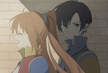 1boy 1girl ahoge antenna_hair armor black_hair brown_eyes brown_hair closed_eyes closed_mouth eiyuu_densetsu estelle_bright from_side high_collar highres joshua_bright looking_at_viewer macha_(macha3635toa) open_mouth parted_bangs pauldrons shoulder_armor single_pauldron smile sora_no_kiseki twintails