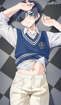 1boy arms_up artist_name blue_eyes blue_hair blue_vest ciel_phantomhive clothes_lift commentary dress_shirt earrings eyepatch g1_(jjw00123) hair_over_one_eye highres jewelry kuroshitsuji long_sleeves looking_at_viewer lying male_focus midriff navel on_back on_floor paid_reward_available pants shirt shirt_lift short_hair shota solo stud_earrings tile_floor tiles twitter_username vest white_shirt wing_collar yellow_pants