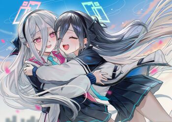 Rule 34 | 2girls, :d, ^ ^, absurdres, ariko (aaaaarik), aris (blue archive), black hair, black hairband, black skirt, blue archive, blue necktie, blue sky, blush, closed eyes, collared shirt, commentary, cowboy shot, crying, day, english commentary, floating hair, green halo, hair between eyes, hairband, halo, happy, highres, hug, jacket, kei (blue archive), kei (new body) (blue archive), long hair, long hair between eyes, long sleeves, looking at another, miniskirt, multiple girls, necktie, one side up, open clothes, open jacket, open mouth, outdoors, pink eyes, pink halo, pleated skirt, puffy long sleeves, puffy sleeves, rectangular halo, revision, ringed eyes, school uniform, shirt, skirt, sky, smile, tearing up, tears, teeth, upper teeth only, very long hair, white hair, white jacket, white shirt