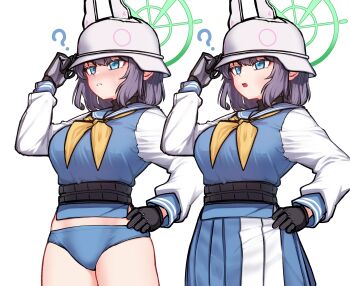 Rule 34 | 1girl, ?, absurdres, animal ears, black gloves, blue archive, blue panties, blush, breasts, clothes lift, combat helmet, commentary request, gloves, green halo, halo, hand on own hip, helmet, highres, jonasmk, large breasts, long sleeves, looking at viewer, neckerchief, no pants, open mouth, panties, purple hair, saki (blue archive), school uniform, short hair, simple background, standing, underwear, white background, white helmet, yellow neckerchief