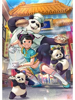 1girl 2boys ahoge aqua_shorts architecture bamboo_steamer black_eyes black_hair blush_stickers chef chef_hat chinese_clothes commentary cup day double_bun east_asian_architecture food furry furry_male grin hair_bun hair_ornament hair_scrunchie hat highres legs_apart mandarin_collar midriff multiple_boys nanami_tomorou navel original outdoors panda people pillarboxed pouring scrunchie shorts smile socks standing standing_on_one_leg steam steamed_bun symbol-only_commentary tea teacup