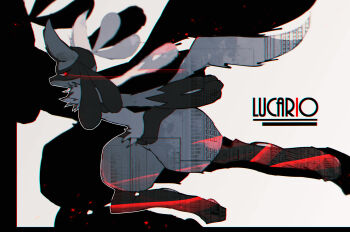 1other absurdres animal_ears animal_feet animal_hands body_fur character_name chromatic_aberration city eye_trail from_side furry gen_4_pokemon highres iogi_(iogi_k) jumping light_trail looking_at_viewer lucario monochrome neck_fur nintendo other_focus pawpads pokemon pokemon_(creature) profile projected_inset red_eyes solo tail thick_thighs thighs wolf_ears wolf_tail zoom_layer