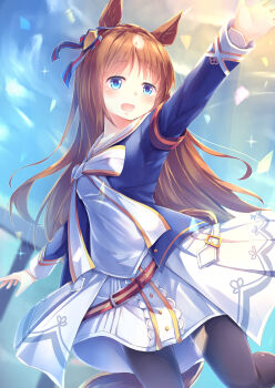 Rule 34 | 1girl, absurdres, animal ears, armband, black pantyhose, blue eyes, blue jacket, blue sky, blush, bow, breasts, brown hair, commentary request, dress, ear bow, ear ribbon, grass wonder (stone-piercing blue) (umamusume), grass wonder (umamusume), highres, horse ears, horse girl, horse tail, jacket, kanzakietc, long hair, long sleeves, multicolored hair, open mouth, outstretched arm, pantyhose, red armband, sailor collar, sky, smile, solo, tail, umamusume, white dress, white hair, white sailor collar