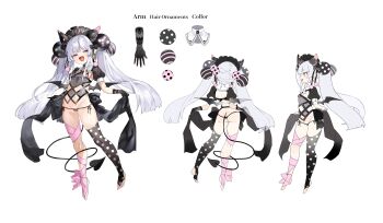 1girl 2022 absurdres adjusting_clothes anno_aano asymmetrical_legwear ball bat_wings black_bonnet black_bow black_cape black_panties black_sleeves black_thighhighs blunt_bangs bonnet bow bow_legwear breasts cape clothes_pull clothing_cutout collar commentary concept_art deborah_(under_the_witch) demon_girl demon_horns demon_tail detached_collar detached_sleeves english_text fang fang_out female_focus fishnet_gloves fishnets floating from_behind from_side full_body gloves groin hair_ornament headgear highres horns huge_filesize incredibly_absurdres juliet_sleeves loli long_hair long_sleeves multiple_views nail_polish navel numericgazer o-ring official_art open_mouth panties pink_nails pink_ribbon pink_trim plantar_flexion polka_dot prehensile_tail puffy_sleeves purple_eyes revealing_clothes ribbon ribbon-trimmed_legwear ribbon_trim see-through_clothes side-tie_panties sidelocks simple_background skin_fang small_breasts smile smug stirrup_legwear striped_clothes striped_panties tail tail_around_own_leg thighhighs toeless_legwear toenail_polish toenails tsurime turnaround under_the_witch underwear very_long_hair waist_cape white_background white_collar white_hair wings