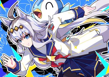 1girl absurdres ahoge animal_ears beak bird black_pantyhose blue_eyes blue_sailor_collar blue_skirt breasts brooch closed_eyes closed_mouth commentary ear_ornament english_commentary gen_4_pokemon grey_hair grey_tail hair_between_eyes hair_ornament hairband highres horse_ears horse_girl horse_tail jacket jewelry long_hair long_sleeves multicolored_hair neckerchief nintendo oguri_cap_(starlight_beat)_(umamusume) oguri_cap_(umamusume) open_mouth pantyhose penguin piplup pleated_skirt pokemon pokemon_(creature) red_neckerchief running sailor_collar scalizo shirt skirt smile star_brooch tail umamusume white_jacket white_shirt