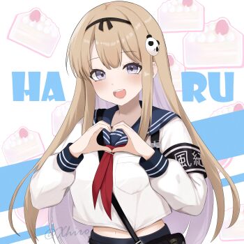 1girl absurdres armband blonde_hair blue_eyes blue_sailor_collar blush breast_pocket breasts chaos_zero_nightmare character_name crop_top crop_top_overhang hair_ornament hairband haru_(chaos_zero_nightmare) heart heart_hands highres long_hair long_sleeves looking_at_viewer medium_breasts midriff navel neckerchief open_mouth panda_hair_ornament pocket red_neckerchief sailor_collar school_uniform serafuku shirt sidelocks smile solo white_shirt xhiro