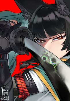 1girl akiraforty2 animal_ear_fluff animal_ears aqua_jacket artist_name black_hair covered_mouth ethereal_(zenless_zone_zero) fingerless_gloves fox_ears fox_girl gauntlets gloves half-closed_eyes hashtag-only_commentary highres holding holding_sword holding_weapon hoshimi_miyabi jacket katana long_hair looking_to_the_side portrait red_background red_eyes reflection shirt single_fingerless_glove single_gauntlet solo sword twitter_username weapon white_shirt zenless_zone_zero