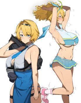1girl black_bra black_jacket blue_eyes blue_necktie blue_skirt blush bouncing_breasts bow_hairband bra breasts bright_pupils closed_mouth commentary dr_octojuice girls&#039;_frontline girls&#039;_frontline_2:_exilium hair_intakes hairband heavy_breathing highres holding_unworn_jacket jacket large_breasts leg_up looking_at_viewer mole mole_under_eye multiple_views necktie nikketa_(girls&#039;_frontline_2) official_alternate_costume pink_shoes pleated_skirt pom_pom_(cheerleading) shoes short_hair simple_background skirt sneakers socks sweat underwear vsk-94_(dance_like_the_blazing_sun)_(girls&#039;_frontline) vsk-94_(girls&#039;_frontline) white_background white_pupils white_socks