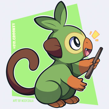 black_eyes border bright_pupils character_name commentary english_commentary fang from_side full_body gen_8_pokemon grookey highres holding holding_stick looking_ahead monkey nintendo no_humans open_mouth pokedex_number pokemon pokemon_(creature) signature solo stick white_border white_pupils woofzilla