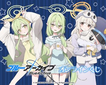 3girls aoba_(blue_archive) blonde_hair blue_archive blue_dress brown_eyes cup doll dress english_text green_hair green_halo halo hikari_(blue_archive) hug japanese_text long_hair multiple_girls nozomi_(blue_archive) official_alternate_costume official_alternate_hairstyle official_art pointy_ears sleep_mask star_(symbol) very_long_hair yellow_dress yellow_eyes yellow_halo