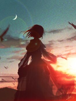 1girl absurdres bird chinese_commentary commentary_request crescent_moon dress evening highres huashijw lens_flare moon original outdoors signature silhouette solo standing sunset