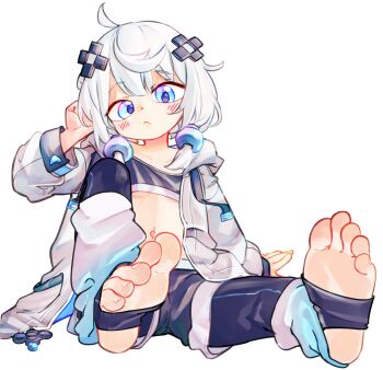 1girl barefoot blue_eyes blush chaosexceed closed_mouth commentary english_commentary feet foot_focus highres jacket knee_up navel no_shoes original paid_reward_available short_hair simple_background sitting solo stirrup_legwear toeless_legwear toes white_background white_hair white_jacket