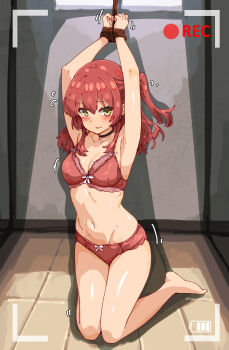 Rule 34 | 1girl, absurdres, bakasp-lilzy, black choker, bocchi the rock!, bound, bound arms, bra, breasts, choker, collarbone, commentary, commission, english commentary, green eyes, highres, kita ikuyo, kneeling, long hair, looking at viewer, medium breasts, navel, panties, pixiv commission, recording, red bra, red hair, red panties, restrained, side ponytail, solo, stomach, underwear, viewfinder