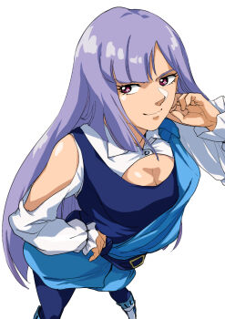 1girl absurdres atamadarurun breasts cleavage closed_mouth commentary_request feet_out_of_frame gundam gundam_zz highres long_hair looking_at_viewer purple_hair roux_louka simple_background smile solo white_background