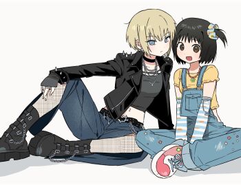 2girls arashiyama_hotori arm_support belt black_belt black_boots black_choker black_hair black_jacket blonde_hair blue_eyes blue_overalls blue_pants boots brown_eyes chain chain_necklace choker closed_mouth collarbone commentary_request crop_top cropped_shirt ear_piercing fishnets full_body grey_shirt hair_ornament hair_scrunchie highres jacket jewelry knee_up kon_futaba korean_commentary long_sleeves looking_at_viewer multiple_girls multiple_rings navel navel_piercing necklace one_side_up open_clothes open_jacket open_mouth overalls pants piercing pink_shoes ring scrunchie shirt shiryoku_kensa shoes short_hair short_sleeves sitting sleeves_past_wrists soredemo_machi_wa_mawatteiru spiked_jacket white_background yellow_shirt