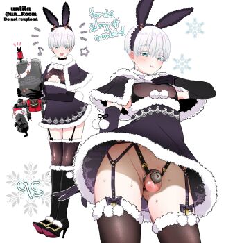 1boy 9s_(nier:automata) alternate_costume animal_ears aqua_eyes artist_name black_footwear black_gloves black_thighhighs boots capelet character_name chastity_cage closed_mouth commentary_request cowboy_shot crossdressing crossdressing_(mtf) dress elbow_gloves english_text fake_animal_ears full_body fur-trimmed_dress fur-trimmed_legwear fur_trim garter_straps gloves gluteal_fold grey_background hand_up high_heel_boots high_heels highres holding looking_at_viewer male_focus nagano_rira nier:automata nier_(series) no_blindfold nub_chastity_cage open_mouth penis pod_(nier:automata) puffy_male_chest puffy_nipples purple_capelet purple_dress rabbit_ears short_dress small_chastity_cage small_penis sweatdrop testicles thighhighs thighs trap twitter_username
