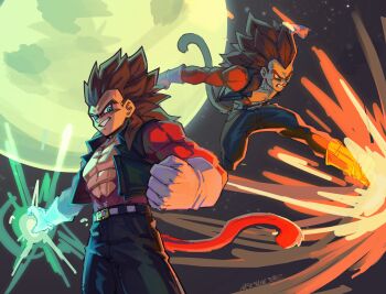 1boy 5t3llar_dbz absurdres black_hair body_fur cropped_vest denim dragon_ball dragon_ball_gt final_shine_attack green_eyes highres jeans long_hair looking_at_viewer male_focus monkey_boy monkey_tail muscular muscular_male no_nipples pants pectorals red_fur saiyan smile spiked_hair super_saiyan super_saiyan_4 tail vegeta vest