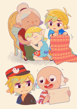 Rule 34 | 2boys, 2girls, artist name, aryll, balding, black eyes, black shirt, blanket, blonde hair, blue dress, blue shirt, buck teeth, chair, closed eyes, commentary request, dress, family, grey hair, half-closed eyes, hat, highres, holding, holding blanket, kneeling, link, link's grandma, multiple boys, multiple girls, multiple views, niko (zelda), nintendo, on chair, open mouth, parted bangs, pointy ears, red dress, red hat, shirt, simple background, sitting, smile, tears, teeth, the legend of zelda, the legend of zelda: spirit tracks, the legend of zelda: the wind waker, tokuura, toon link, twitter username, yellow background
