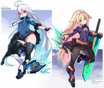 100_orange_juice 2girls ahoge armored_boots black_bodysuit black_gloves black_jacket black_shirt black_skirt black_thighhighs blonde_hair blue_boots blue_eyes blue_hair blue_jacket bodysuit boots breasts cameltoe clothes_lift colored_inner_hair commentary_request fingerless_gloves flat_chest full_body gloves hair_between_eyes highres holding holding_sword holding_weapon jacket karukan_(monjya) long_hair looking_at_viewer mecha_musume microskirt multicolored_hair multicolored_jacket multiple_girls open_mouth panties pantyshot pink_eyes shirt skirt skirt_lift sleeves_rolled_up small_breasts sora_(orange_juice) standing striped_clothes striped_jacket suguri suguri_(orange_juice) sword thighhighs two-tone_hair two-tone_jacket underwear upskirt very_long_hair weapon white_hair white_panties zipper_pull_tab