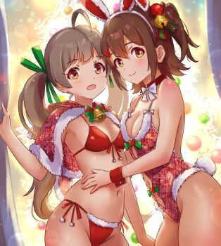 2girls animal_ear_hairband animal_ears bell bikini breasts brown_hair capelet christmas closed_mouth cowboy_shot fake_animal_ears green_ribbon hair_bell hair_ornament hair_ribbon hairband hakozaki_serika heart heart_hair_ornament highres idolmaster idolmaster_million_live! kasuga_mirai koaya leotard light_blush long_hair looking_at_viewer medium_breasts multiple_girls navel one_side_up open_mouth rabbit_ear_hairband rabbit_ears red_bikini red_capelet red_leotard ribbon short_hair side-tie_bikini_bottom small_breasts smile standing swimsuit twintails yellow_eyes