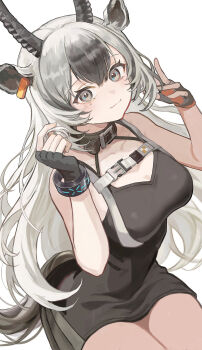 1girl animal_ears arknights bare_shoulders belt black_collar black_dress black_gloves black_horns breasts collar commentary double-parted_bangs dress earrings fingerless_gloves gazelle_ears gazelle_girl gloves grey_hair hadiya_(arknights) hair_between_eyes hands_up high_belt highres horns impasto infection_monitor_(arknights) jewelry large_breasts long_hair looking_at_viewer multicolored_hair short_dress simple_background smile solo spaghetti_strap thighs touchika twirling_hair two-tone_hair white_background white_hair