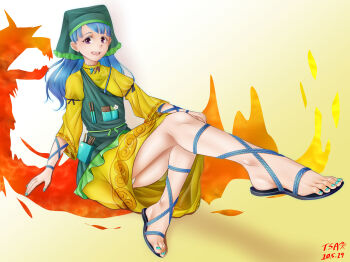 1girl ankle_lace-up apron blue_hair dress feet female_focus foot_focus green_apron green_headscarf green_hood haniyasushin_keiki headscarf highres jewelry long_hair magatama magatama_necklace nail_polish necklace panties purple_eyes sandals smile solo toenail_polish toenails toes tools touhou tsa underwear wily_beast_and_weakest_creature yellow_dress