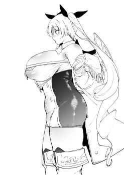 1girl absurdres adjusting_clothes azur_lane black_ribbon blush breasts coat commentary dress elbow_gloves from_side gloves hair_ribbon highres honolulu_(azur_lane) large_breasts long_hair looking_at_viewer looking_to_the_side nipples open_mouth profile ribbon see-through_clothes shiworiita short_dress thighhighs twintails untranslatable_commentary