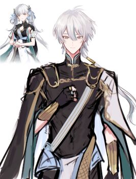 Rule 34 | 1boy, black gloves, black shirt, closed mouth, commentary request, covered navel, earrings, fingerless gloves, genderswap, genderswap (ftm), gloves, hair between eyes, hand on own chest, hand up, highres, jewelry, jhenny345, jinhsi (wuthering waves), long hair, looking at viewer, low ponytail, male focus, official art inset, ponytail, reference inset, shirt, simple background, smile, solo, spanish commentary, toned, toned male, upper body, white background, white eyes, white hair, wuthering waves