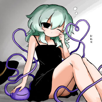 1girl black_eyes black_nightgown closed_mouth commentary_request dot_mouth feet_out_of_frame green_hair hat heart heart_of_string heripantomorrow knees_up komeiji_koishi nightgown one_eye_closed rubbing_eyes simple_background sitting solo squeans third_eye touhou translation_request unworn_hat unworn_headwear