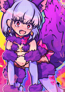 1girl all_fours animal_ears bare_shoulders blush bow breasts cosplay earrings fate/grand_order fate_(series) fur-trimmed_gloves fur-trimmed_thighhighs fur_collar fur_trim gloves highres jewelry kama_(fate) kama_(young)_(fate) lace lace-trimmed_thighhighs lace_trim looking_at_viewer mash_kyrielight mash_kyrielight_(dangerous_beast) mash_kyrielight_(dangerous_beast)_(cosplay) navel o-ring open_mouth purple_gloves purple_thighhighs red_eyes shiushiu_kurauneru_plus short_hair small_breasts solo tail tearing_up thighhighs white_hair wolf_ears wolf_tail