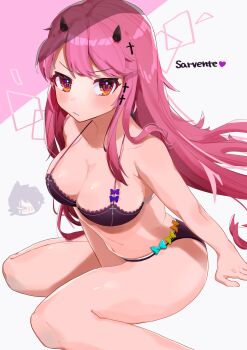 Rule 34 | >:(, 1boy, 1girl, 2021, absurdres, annoyed, artist request, bikini, blue bow, blush, bow, bow bikini, breasts, cross, cross hair ornament, demon horns, friday night funkin', hair ornament, heart, highres, horns, humanization, long hair, looking at viewer, orange bow, orange eyes, pink hair, purple bikini, purple bow, ribbon, ruvyzvat (friday night funkin'), sarvente (friday night funkin'), simple background, sitting, swimsuit, two-tone background, v-shaped eyebrows, yellow bow