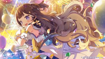 Rule 34 | 1girl, :d, absurdres, aerial fireworks, anya melfissa, backless outfit, backlighting, balloon, blonde hair, blonde streaks, blunt bangs, bow, brown hair, check commentary, commentary request, concert, confetti, copyright notice, detached sleeves, double-parted bangs, dress, earrings, fireworks, from behind, gold tiara, gradient hair, headset, highres, hololive, hololive dreams, hololive indonesia, jewelry, long hair, looking at viewer, looking back, multicolored hair, official art, open mouth, outdoors, pointing, puffy short sleeves, puffy sleeves, purple eyes, short sleeves, smile, solo, strapless, strapless dress, streaked hair, teeth, two-tone hair, upper body, upper teeth only, virtual youtuber, wavy hair, wavy sidelocks, wrist cuffs, yellow bow