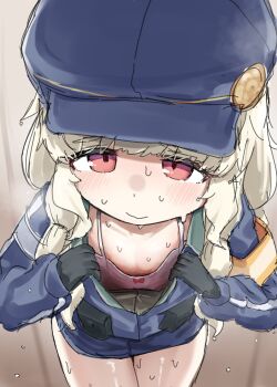 1girl absurdres aoba_(blue_archive) armband blonde_hair blue_archive blue_hat blue_jacket blush bow bow_camisole newsboy_cap camisole clothes_pull downblouse fluffy_hair from_above hat highres jacket kuragesensei loli long_hair looking_at_viewer looking_up red_bow red_eyes sketch sweat white_camisole yellow_armband