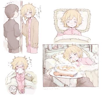 2boys alternate_costume antenna_hair basil_(faraway)_(omori) basil_(omori) black_eyes black_hair black_shirt blonde_hair blowing_nose blue_eyes blush bowl closed_eyes collared_pajamas commentary_request dated double-parted_bangs epipoxyp food hair_between_eyes highres holding holding_tissue holding_tray long_sleeves looking_at_another lying male_focus multiple_boys omori on_side pajamas pants parted_lips pink_pajamas pink_pants shirt short_hair short_sleeves sidelocks sitting slippers soup spoon sunny_(omori) tissue_box translation_request trash_can tray under_covers