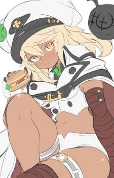 1girl bandaged_arm bandages blonde_hair blush burger cape closed_mouth clover crop_top dark-skinned_female dark_skin eating feet_out_of_frame fingerless_gloves food four-leaf_clover gloves guilty_gear guilty_gear_strive hat highres holding holding_burger holding_food jellcaps knee_up long_hair looking_at_viewer lucifero_(guilty_gear) micro_shorts midriff navel o-ring o-ring_thigh_strap ramlethal_valentine shirt shorts simple_background single_fingerless_glove thigh_strap thighs wavy_mouth white_background white_gloves white_hat white_shirt white_shorts yellow_eyes