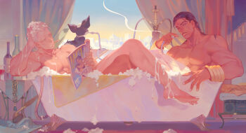 2boys bathtub black_hair blue_eyes bracelet bubble cigarette claw_foot_bathtub dark-skinned_male dark_skin dog grey_hair hookah iggy_(jojo) jean_pierre_polnareff jewelry jojo_no_kimyou_na_bouken long_hair magazine_(object) male_focus mohammed_avdol mouth_hold multiple_boys newspaper reading rei_(sanbonzakura) same-sex_bathing scar shared_bathing smoke soap