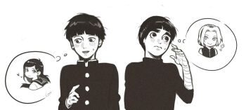 Rule 34 | 2boys, 2girls, bowl cut, commentary, crossover, forehead protector, gakuran, greyscale, hairband, hairstyle connection, hand wraps, haruno sakura, heart, highres, il1023il, jacket, kageyama shigeo, mob psycho 100, monochrome, multiple boys, multiple girls, naruto (series), naruto shippuuden, rock lee, school uniform, serafuku, speech bubble, untranslatable commentary, takane tsubomi, thought bubble