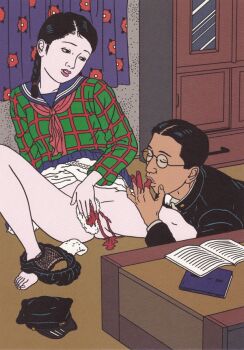 1boy 1girl blood blood_on_hands braid closed_eyes clothes_lift covering_crotch covering_privates drinking_menses finger_in_own_mouth gakuran indoors loli menses menstruation panties panties_around_leg cleaning_rag round_eyewear saeki_toshio saeki_toshio_(artist) school_uniform serafuku skirt skirt_lift spread_legs underwear