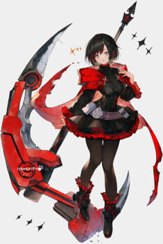 1girl black_dress black_footwear black_hair black_leggings boots capelet commentary_request commission dress frilled_dress frills highres holding holding_scythe kemomin_nosuke leggings looking_at_viewer multicolored_hair pantyhose red_streaks ruby_rose rwby scythe short_hair sparkle_print two-tone_hair white_background